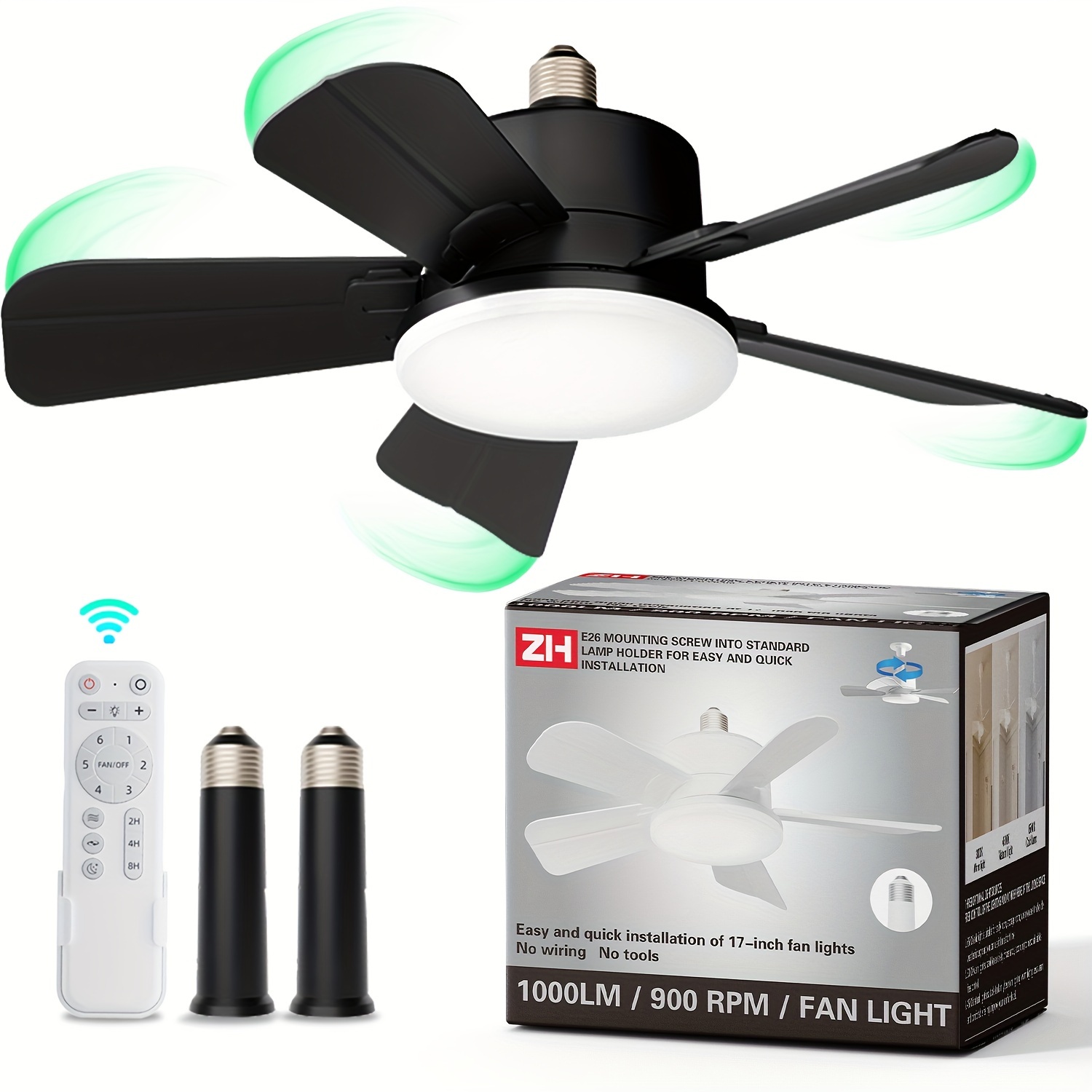 

17" Socket Fan Light With Remote And 2 Socket Extenders, Small Ceiling Fan With Light For Bedroom, Kitchen, Living Room, 6-speeds, 3 Colors 3000k-6500k, 1200lm