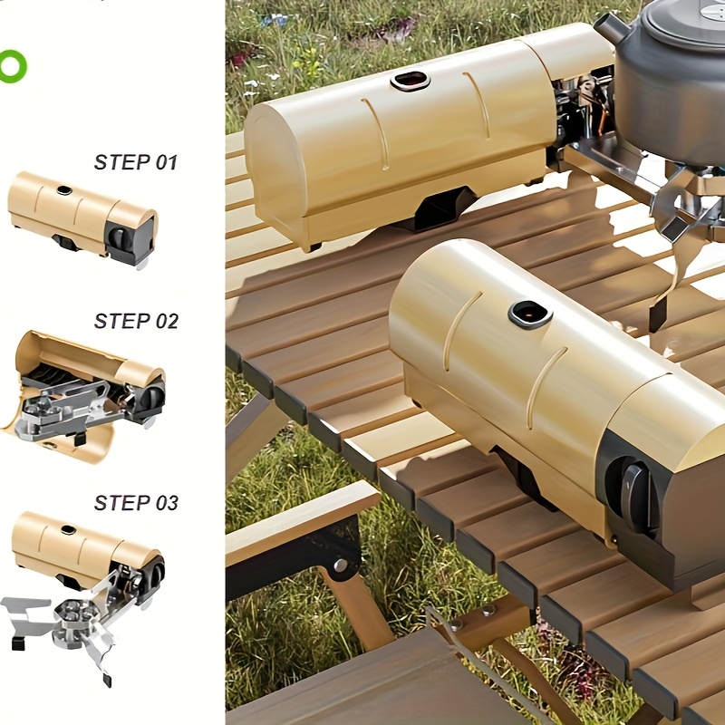 Portable Carb Stove with Piezoelectric Ignition, Automatic Locking Device for Easy Operation, Lightweight & Foldable Design, Perfect for Camping, Picnics, and Outdoor Cooking - Available in Coffee, Cream, and Green, Picnic Essentials | Triangular Structure | Durable Outdoor Stove
