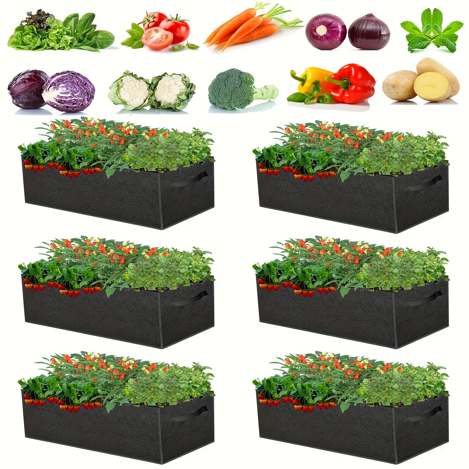 

6 Packs, 9.5 Gallon 7.9 Gallon Grow Bags, 300g Thickened Nonwoven Fabric Garden Bed, 30l Square Flower Planter Pots Containers With Handles For Potato Onion Carrot Taro Radish, Fruit, Flowers