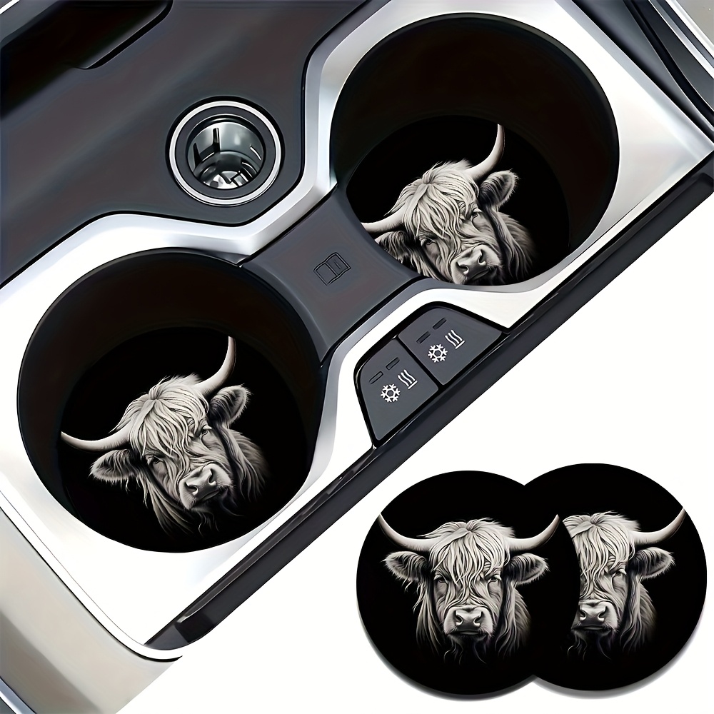 Set Of 2 Highland Cow Coasters Designed For Car Cup Holders, Featuring Heat Resistance, Non-slip , And Vibration Dampening, Suitable For Men And Women As Car Interior Additions