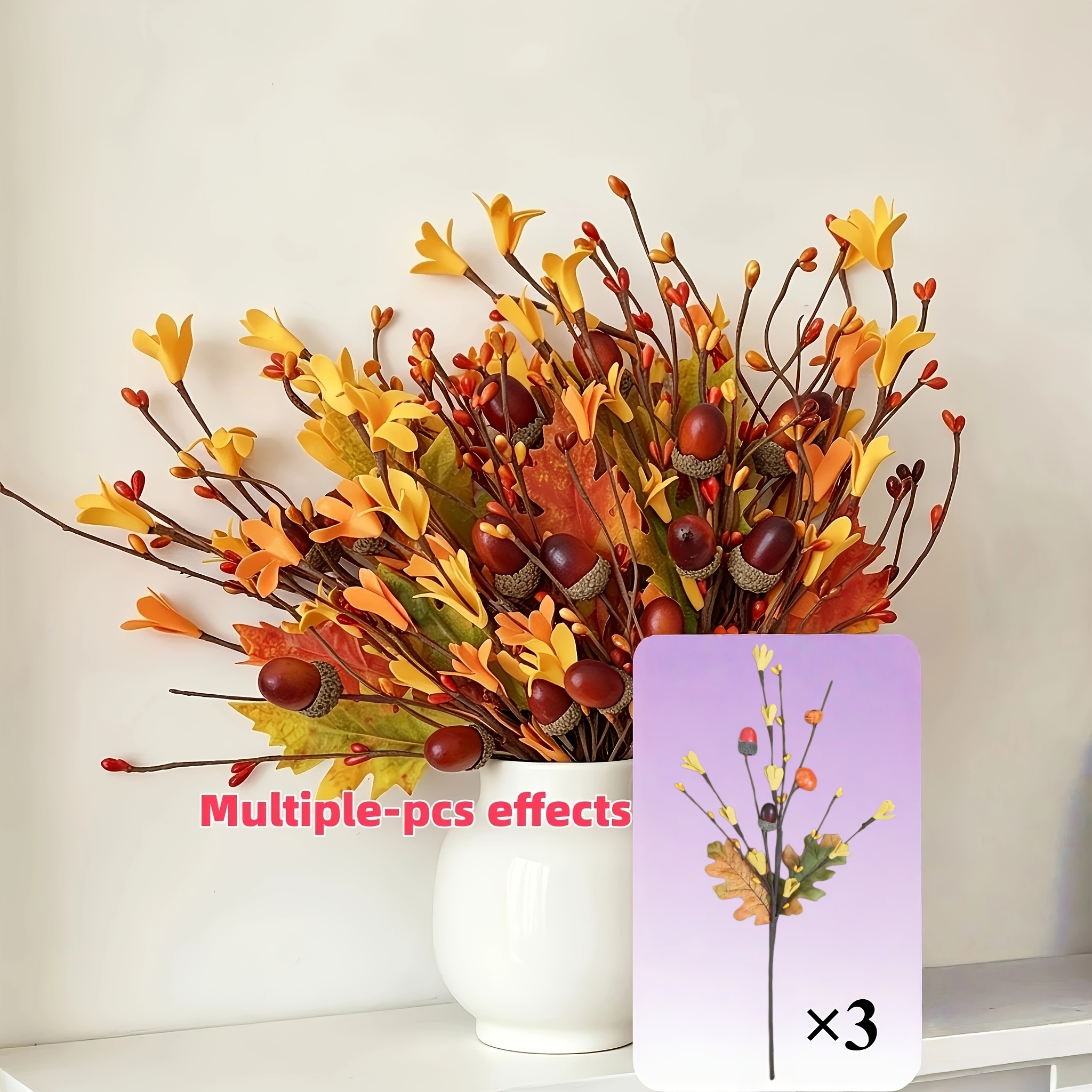 Image of 3 Bundles 45cm Orange Artificial , And Berries Stems For Autumn Decor. Handcrafted Floral Branch Decoration, Suitable For Vases, Table Centerpieces, Thanksgiving, , Parties, And Home Decor