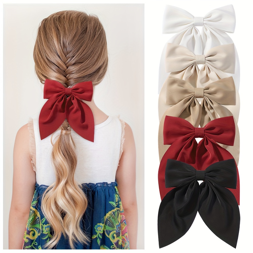 

5pcs Large Bow Hair Clips For Girls - Macaron & , Polyester Ponytail Holders, Cute & Fresh Hair Accessories, Hair Accessories For Girls