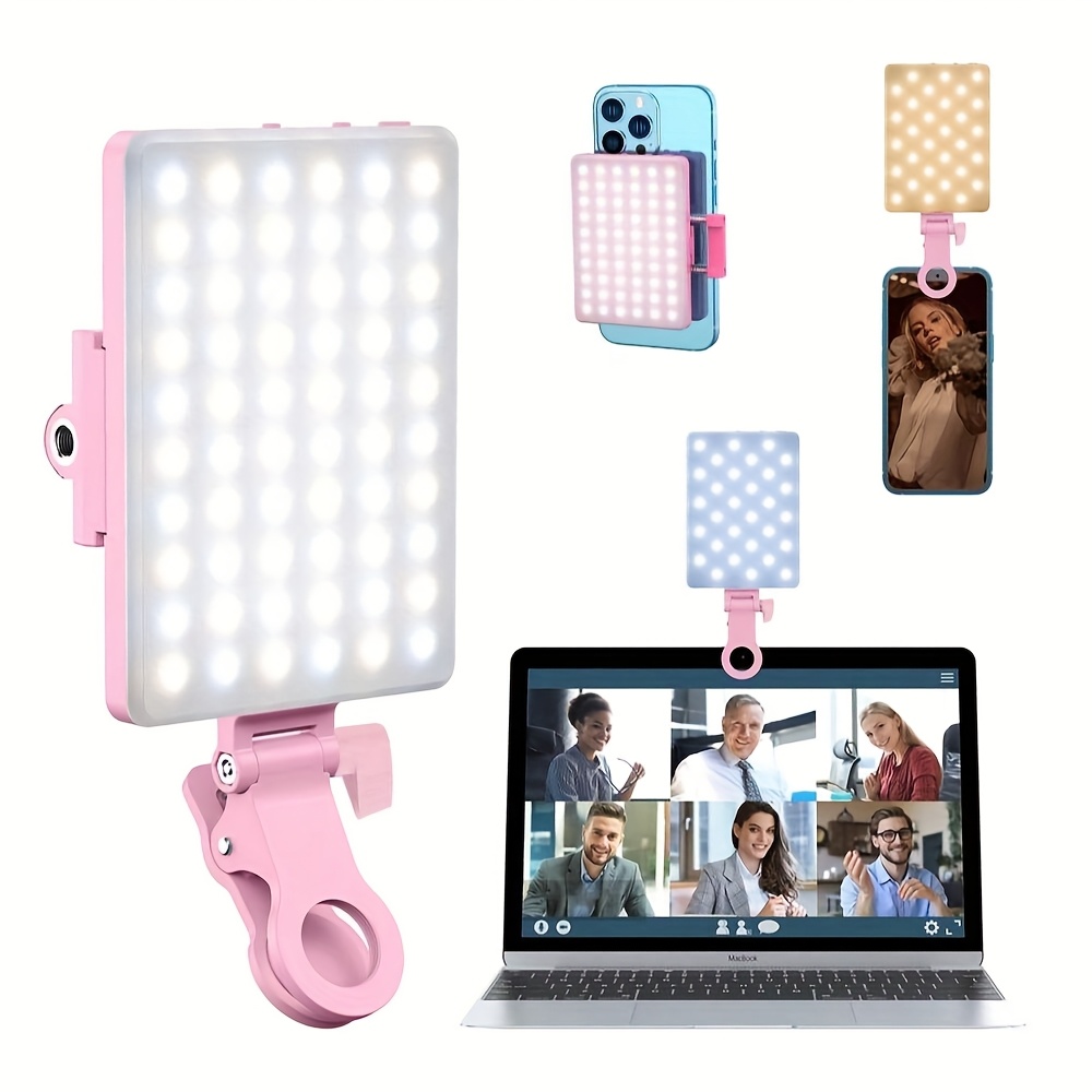 Rechargeable Clip-On Conference Light with 60 LEDs, Front And Back Clips, 3 Lighting Modes, Suitable for Smartphones, iPads, Laptops, Ideal for Makeup, Selfies