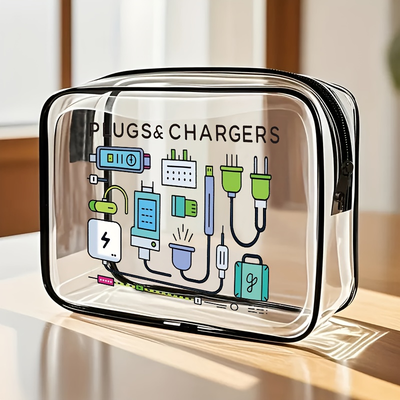 Image of Lifestyle Toiletries Storage Bag, Featuring "data Cable, Plug" Theme Print. Transparent Material, Zipped Closure. Compact Cosmetic Storage Bag, Daily Classification And Organization Storage Bag