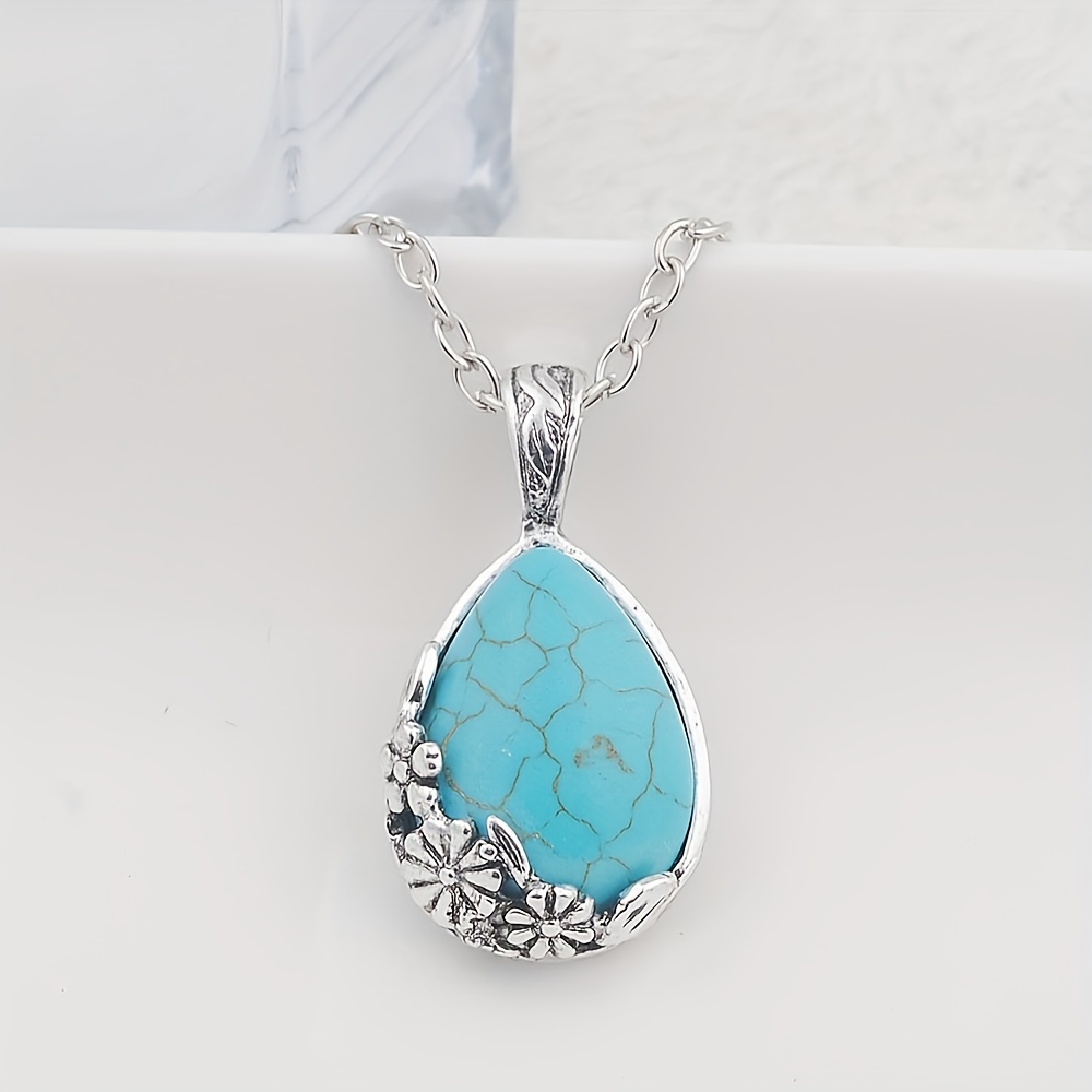 Vintage Natural Stone Tibetan Water Drop Statement Necklace, Turquoise Pendant Necklace