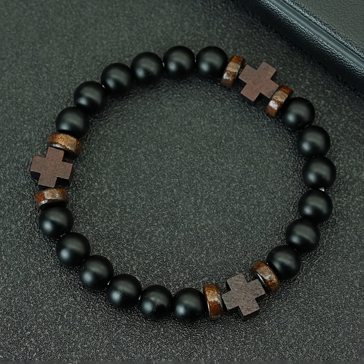 Image of 1pc Men' Style Onxy Beads Bracelet Wooden Cross Bracst Hand Accessory Meditation Bracelet For Yoga Jewelry