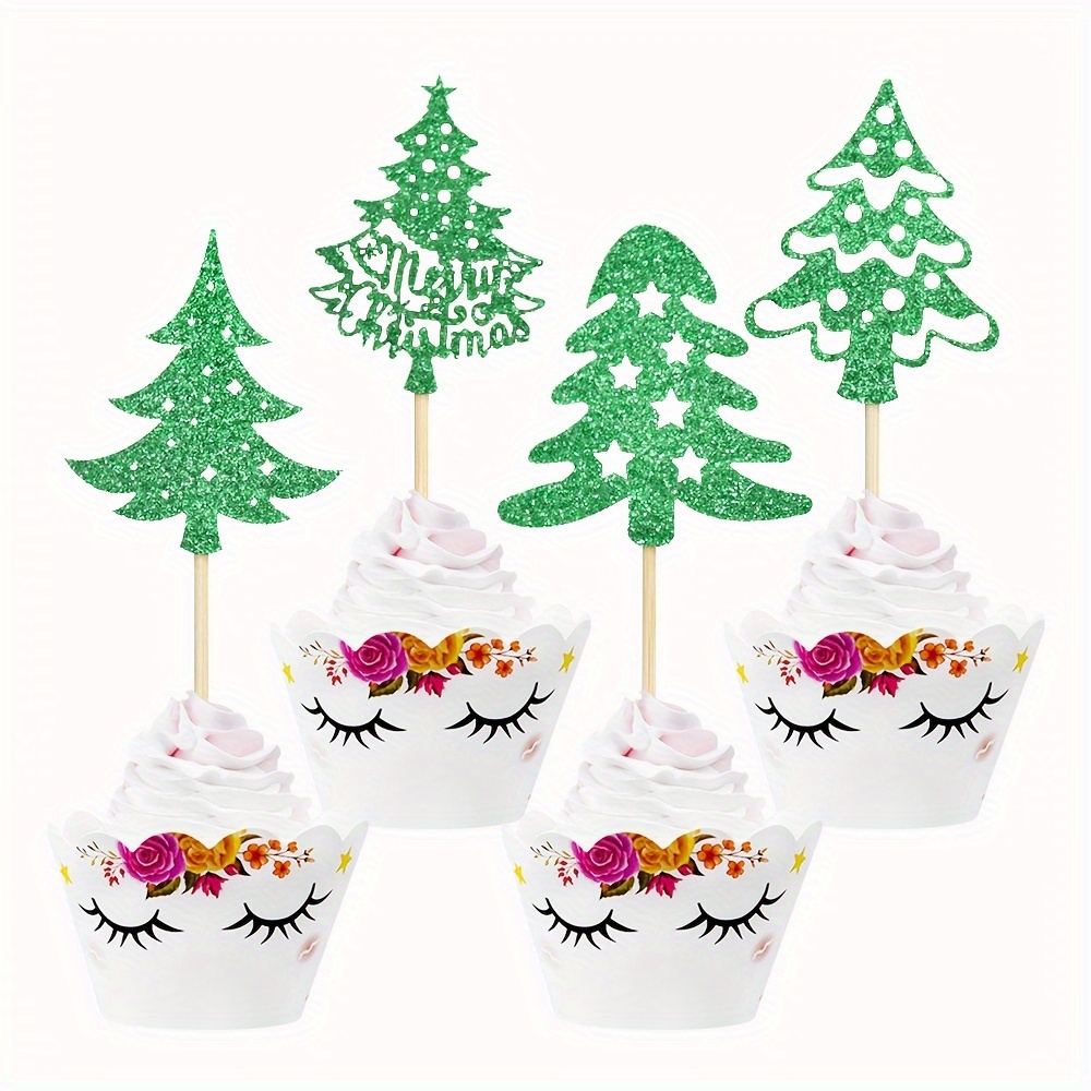 

12 Pcs Christmas Tree Cupcake Toppers - Paper Cake Decorations For Birthday & Christmas Holidays, No Electricity, Feather-free, Festive Party Supplies For Desserts & Baked Goods