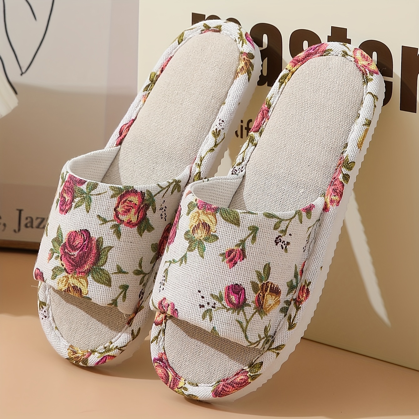 rose print summer womens indoor home non slip floor slippers breathable bedroom soft soled fabric slippers women shoes