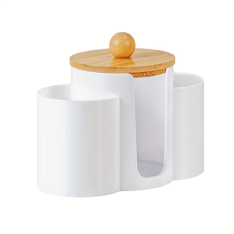3-in-1 Covered Bamboo Lid Plastic Cotton Swab Storage Box Makeup Cotton Storage Box Beauty Makeup Supplies Organizer Box