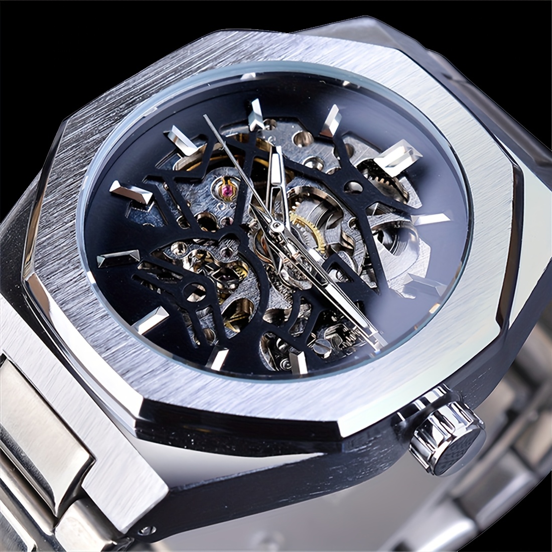 E-shop Herren Automatik Uhr - Elegantes Hohldesign, Edelstahlarmband, Perfekte Geschenkidee, Ohne Batterie