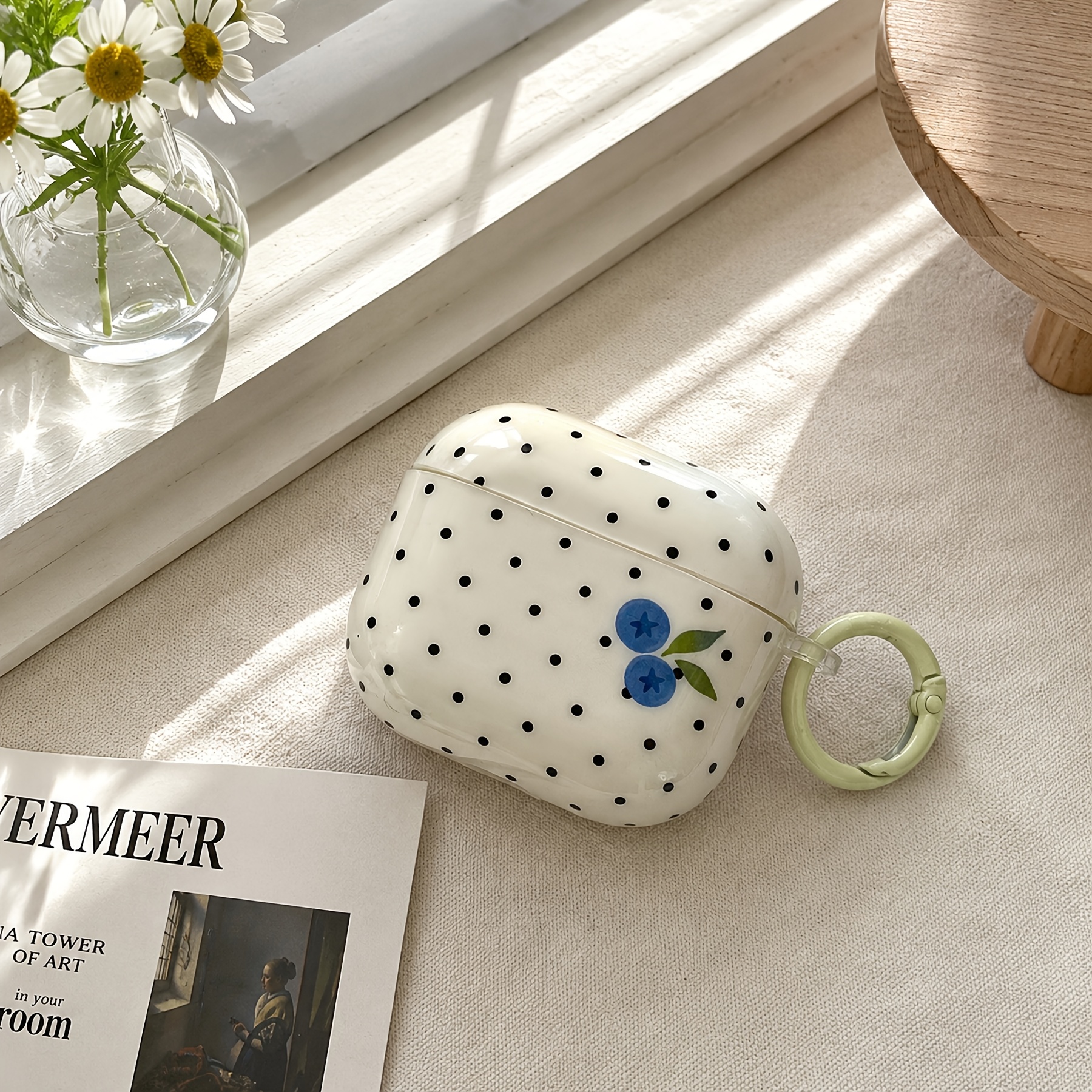 TEMU White Background Black Polka Dot Blueberry With Loop Headphone Case Suitable For Airpods 4/for Airpods 5th Generation Cute Headphone Cover For