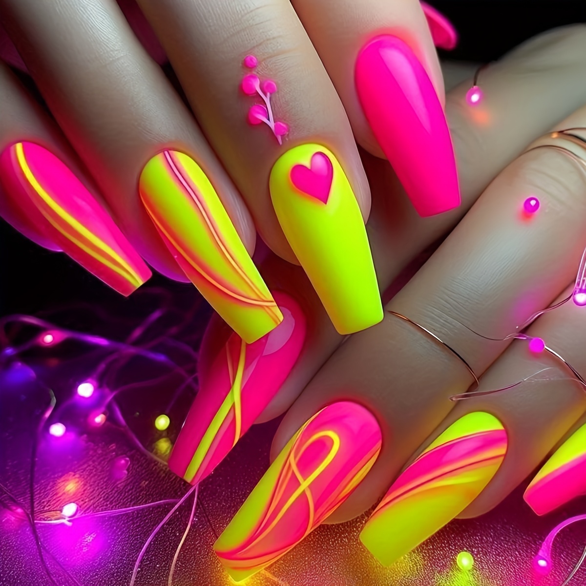 24pcs Ballet Shape Press-On Nails - Neon Pink & Yellow Glossy Finish with Heart & Swirl Designs, Medium Length Reusable Fake Nails for Parties, Events, Bold Fashion Statements, Ballet Accessories, Party Accessories, Durable Pressons