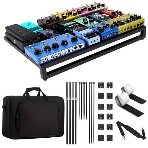 22-zoll großes gitarren-pedalboard mit tragetasche, flugzeug-aluminium-leichtbauweise mit 4-schienen-design, klettverschlüssen und kabelmanagement, metallmaterial, inklusive zubehör und gurt