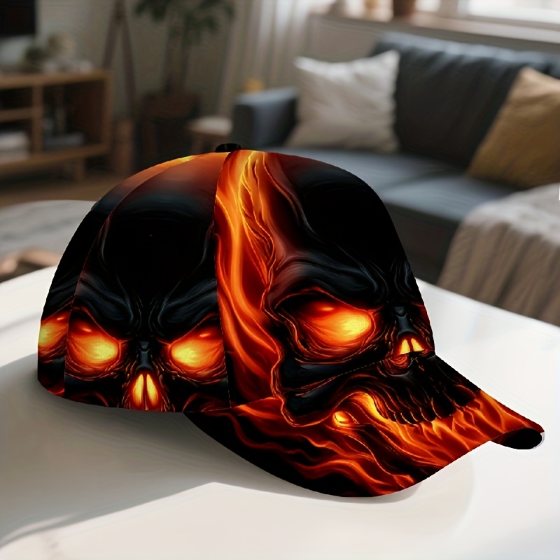 TEMU 1pc Men's Skull Print Adjustable Baseball With Glowing Orange Eyes And Flame Design - Gothic Streetwear Hat, Lightweight Duckbill For Parties,