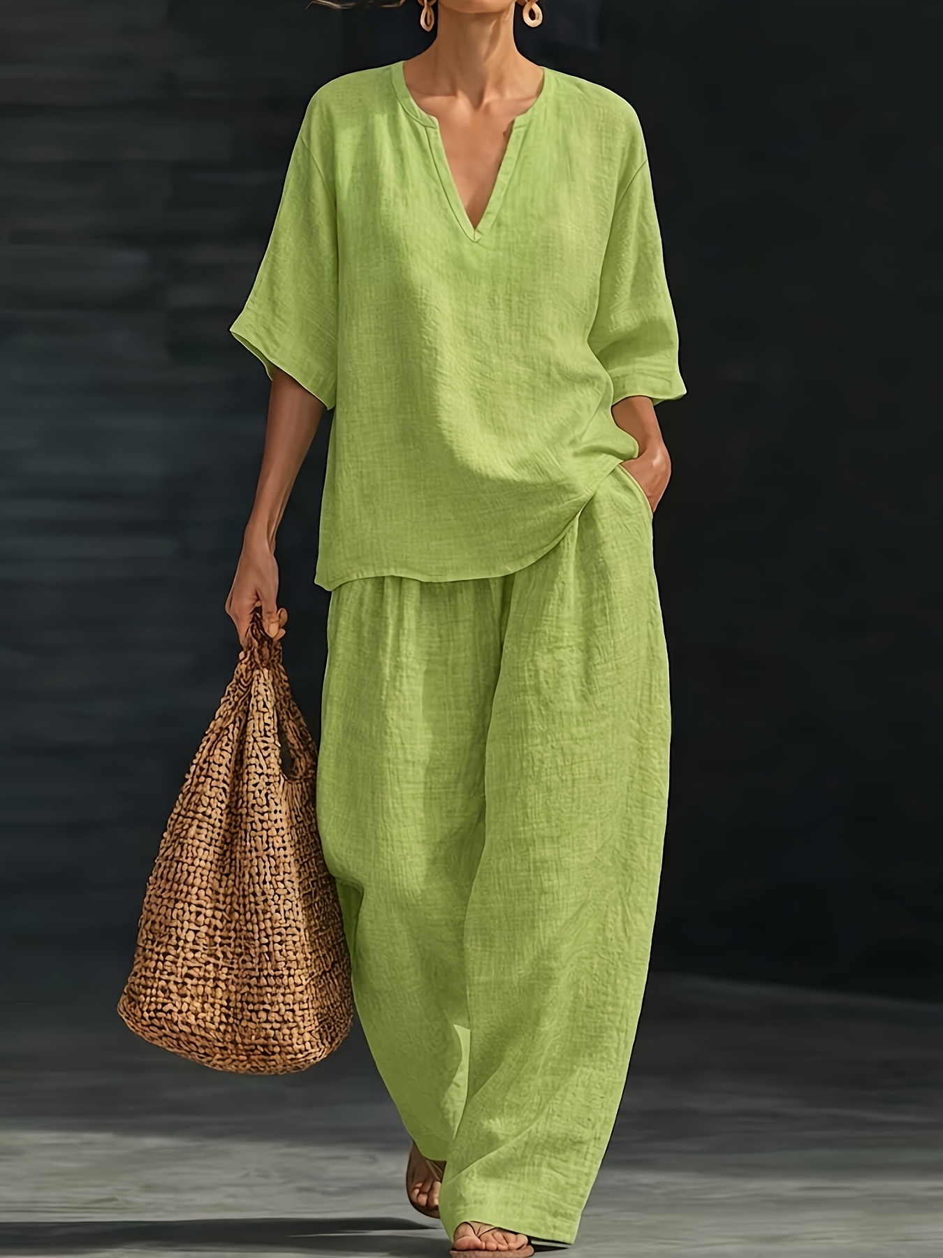 Women'S Summer Casual 2pcs Outfit Loose V-Neck Top And Wide-Leg Long Pants