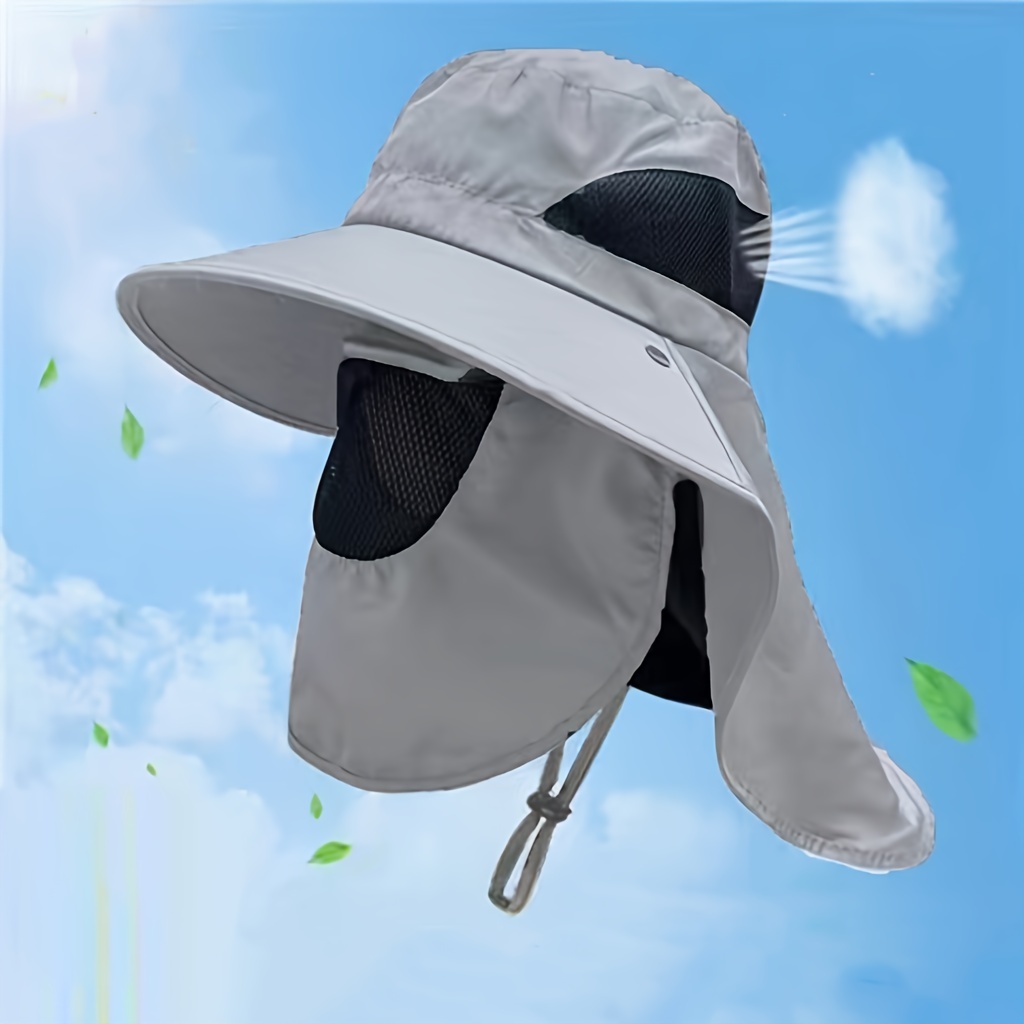 1pc Men Large Brim Sunshade Detachable Hollow Out with Face Scarf Casual Hat Beanie for Outdoor Fishing Mountaineering,Temu