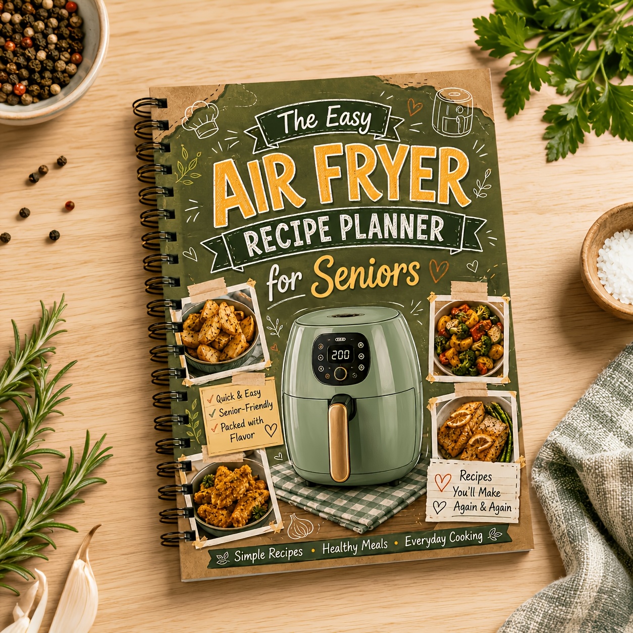 TEMU Spiral-bound A5 Air Fryer Cookbook & Meal Planner Suitable For Middle-aged And Elderly, Undated Recipe Journal With Monthly , Spiral Binding
