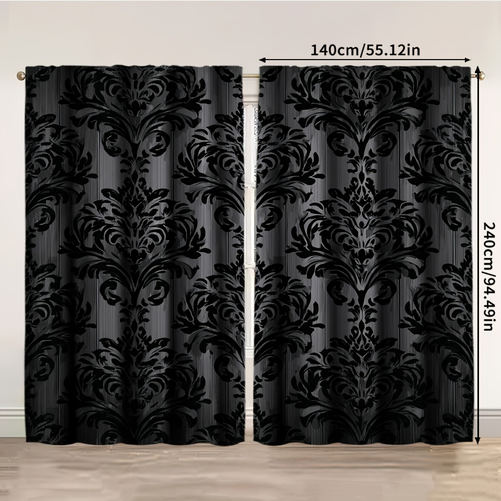 TEMU 2d Flat - 2d Flat - 2pcs, 2d Flat Printing, Decorative Theme Curtains, Black Damask Design, 100% Polyester, Perfect For Living Room, Kitchen,