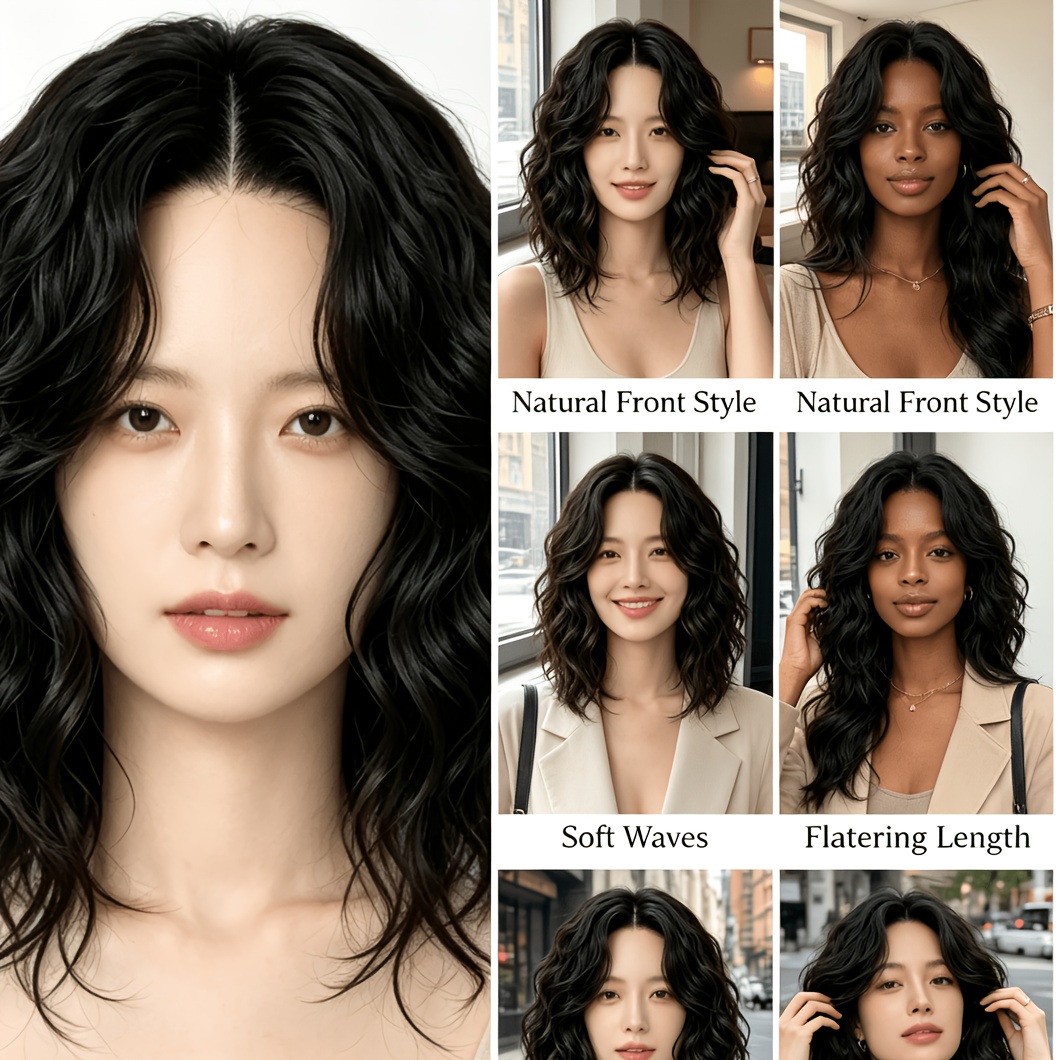 TEMU Women's Black Fluffy Wavy Bob Wig 12in, Middle Part Lace Design No Bangs Synthetic Wig, Heat Resistant For Daily & Occasion