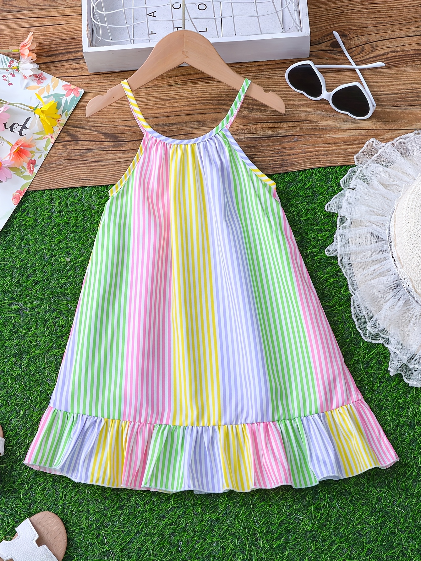 Girls' Creative Spaghetti Strap Striped Print Ruffle Hem Dress for Kids' Summer Summer Vacation Beach Play