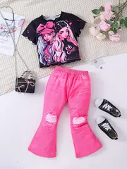 2pcs trendy cartoon star girl print frill trim short sleeve t shirt top flare pants set for summer gift girls details 0