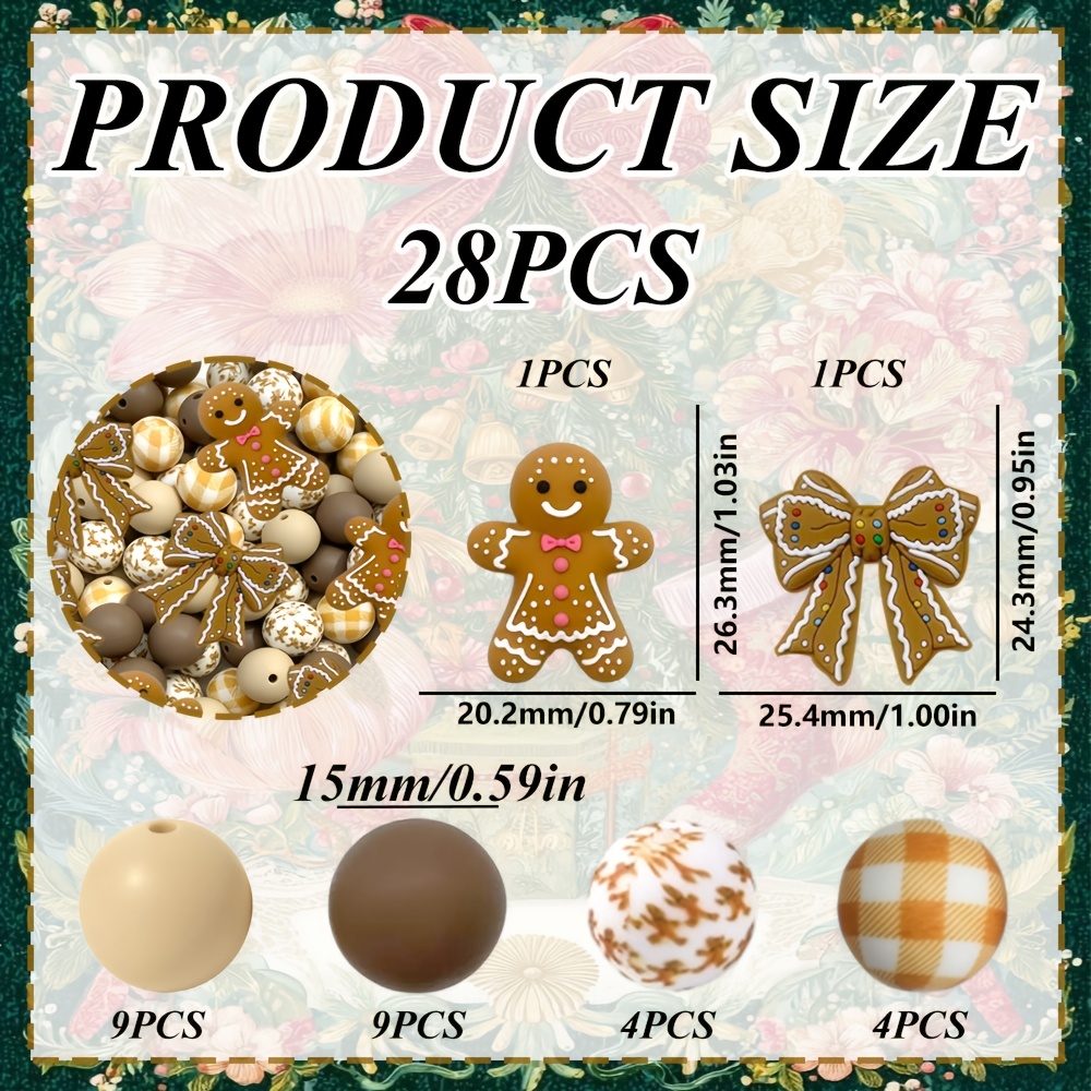 TEMU 28pcs 3d Gingerbread Man Bow Silicone Bead Set, Cute Bow-tied Gingerbread Men And Bow Designs, Includes 15mm Checkered Pattern Printed Beads,