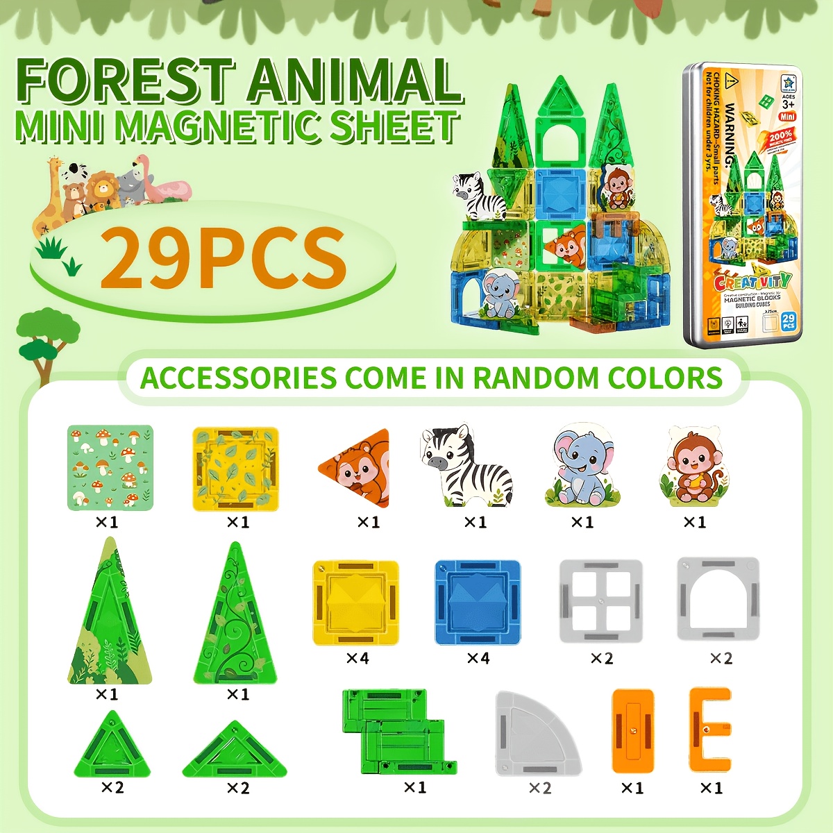 TEMU Mini Magnetic Tiles Set, Stem Sorting & Stacking Toys, Jungle Animal Magnetic Building Blocks, Portable Iron Box, Diy 3d Jungle Paradise