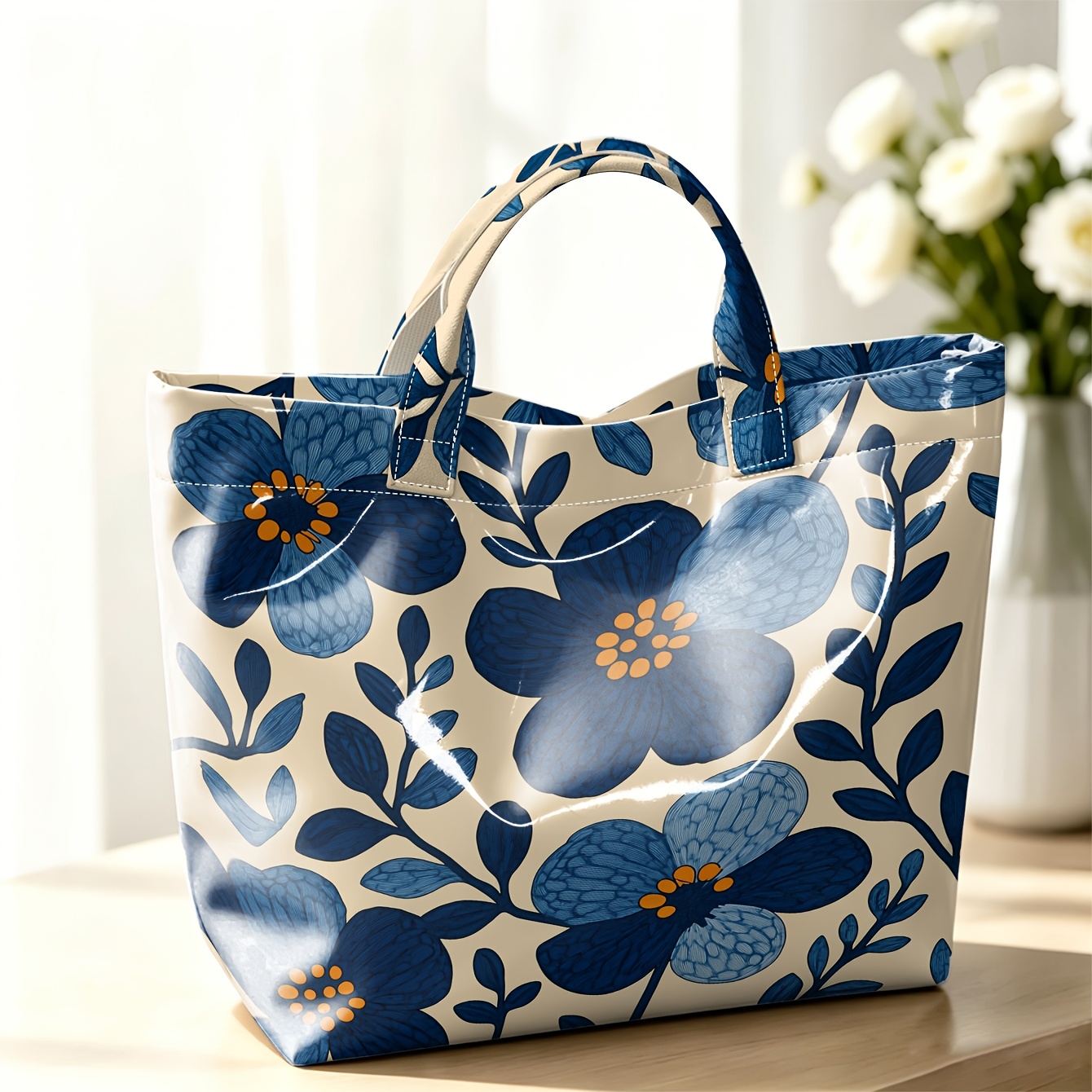TEMU Sac fourre-tout 1 pièce en PVC à motif de branche et de feuille florales bleu foncé, sac de cabine grande pour femme, nouveau modèle 2026 avec