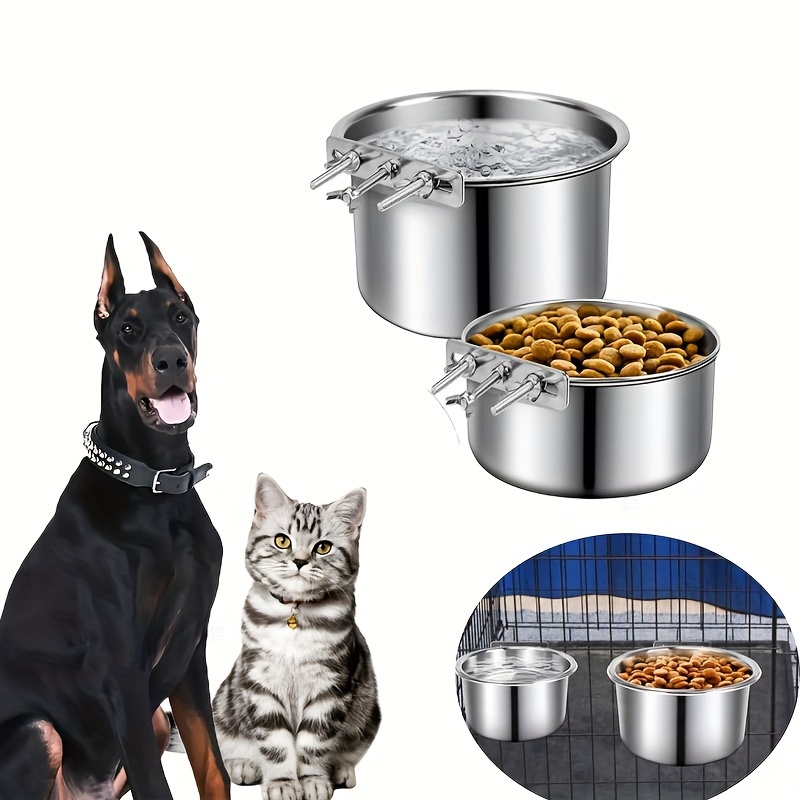 

2pcs Stainless Steel Dog Cage Hanging Bowls With Clamp Holder, Fixed Anti Drop Dog Food Bowl Water Basin Pet Cage Feeding Utensils