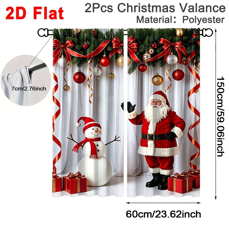 TEMU 2D Plat - 2D Plat - 2D Plat, 2pcs Rideaux de Noël Festifs, Design Père Noël de Neige Boule de Noël, Rideaux en Polyester à Passe-Tringle