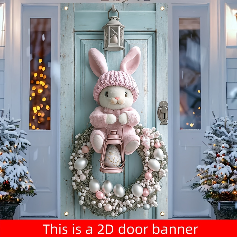 

1pc Traditional Polyester Easter Door Hanging Decoration, 2d Bunny & Wreath Design, No Electricity Needed, Featherless, 35.4x70.8 Inches, With Indoor & Outdoor Party Decor For Photo Booth Prop