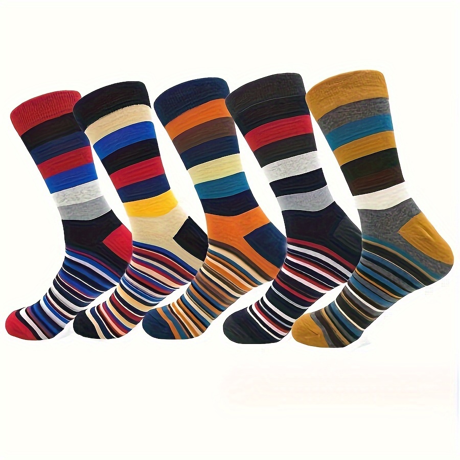 

5-pair Pack Autumn/winter Men' Striped Color- Vintage Trendy Casual Mid-calf Cotton Socks, 100% Cotton, Knit Fabric, Hand Washable