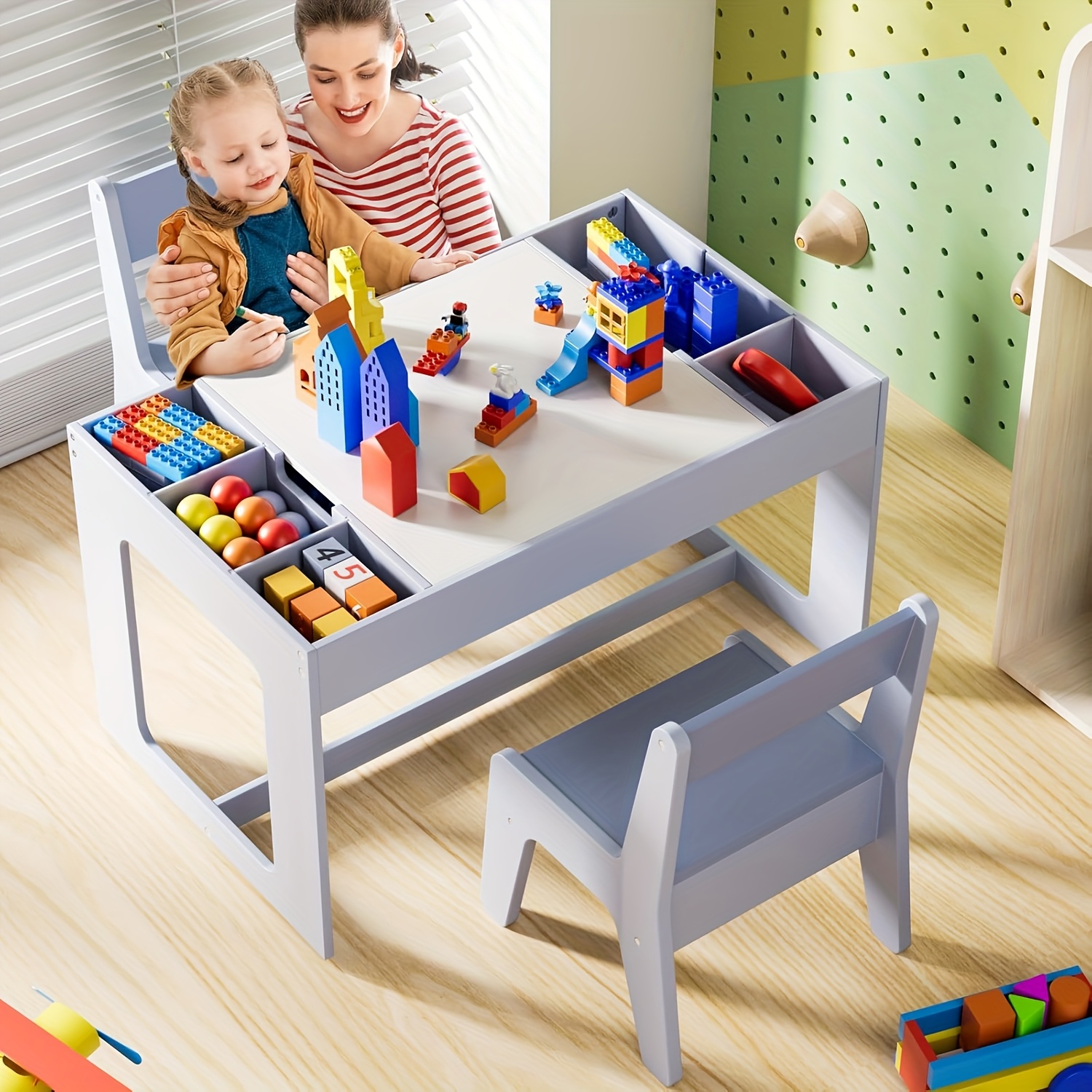 Set of Table And Chairs for Children, Featuring a 3-In-1 Wooden Activity Desk with a Blackboard, Storage Area, And a Removable Tabletop for Drawing, Reading, Playing, And Crafting, Suitable for Nurseries And Playrooms