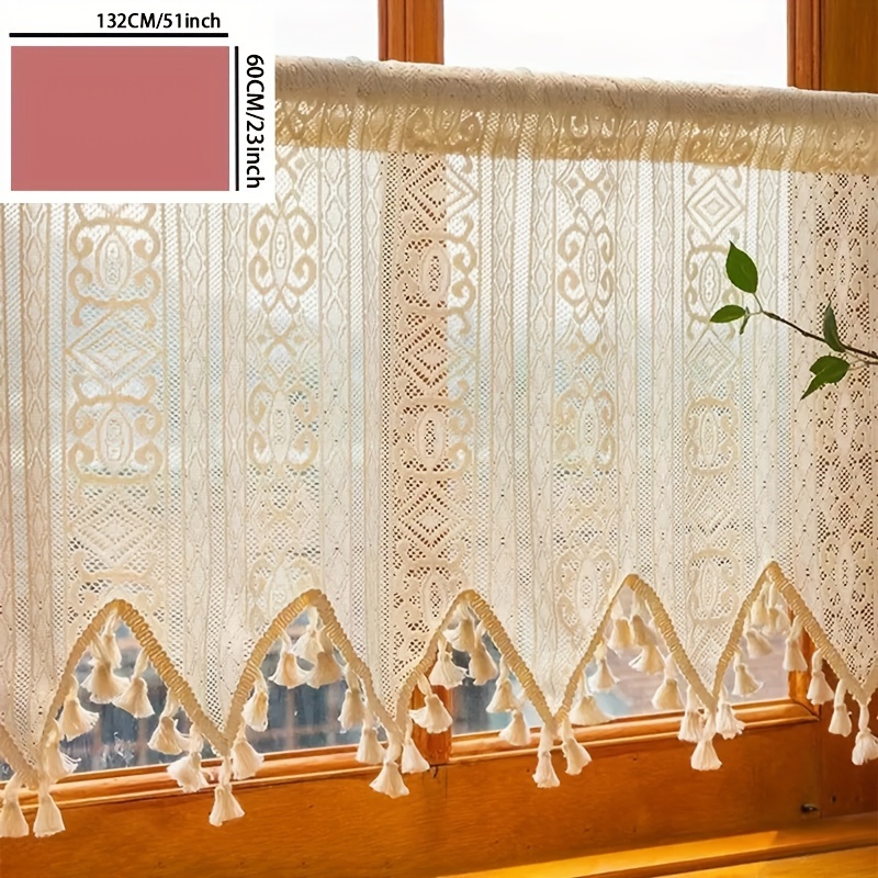 1pc Bohemian Beige Straight Strip With Spike Coffee Curtain Lace Through Rod Cabinet Partition Curtain