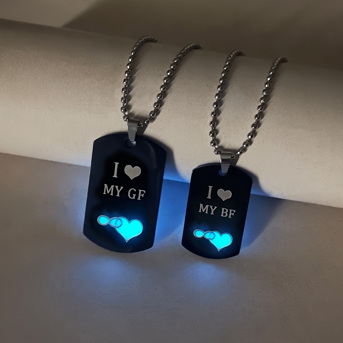 

2pcs Glow-in-the-dark "i Love My Bf & Gf" Stainless Steel Dog Tag Pendants, Eternal Love Couples Necklaces, Cute & Simple Style Neck Jewelry For Music Festival