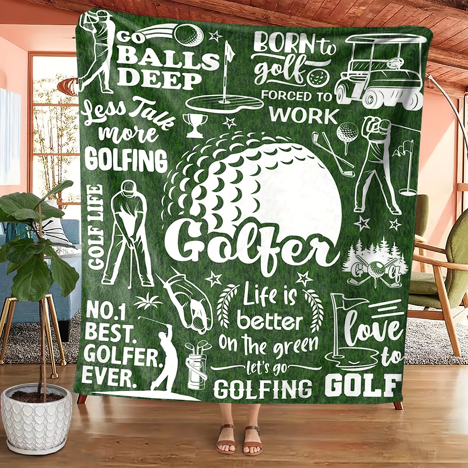 

Golfer Themed Knitted Polyester Throw Blanket - All-season Style With Creative Typography And Golf Motifs - Soft Fleece Flannel For Golfing Enthusiasts