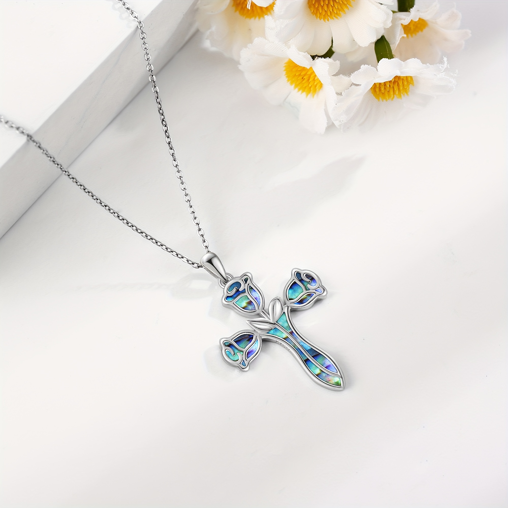 Women's Rose Cross Necklace with Abalone Shell Pendant