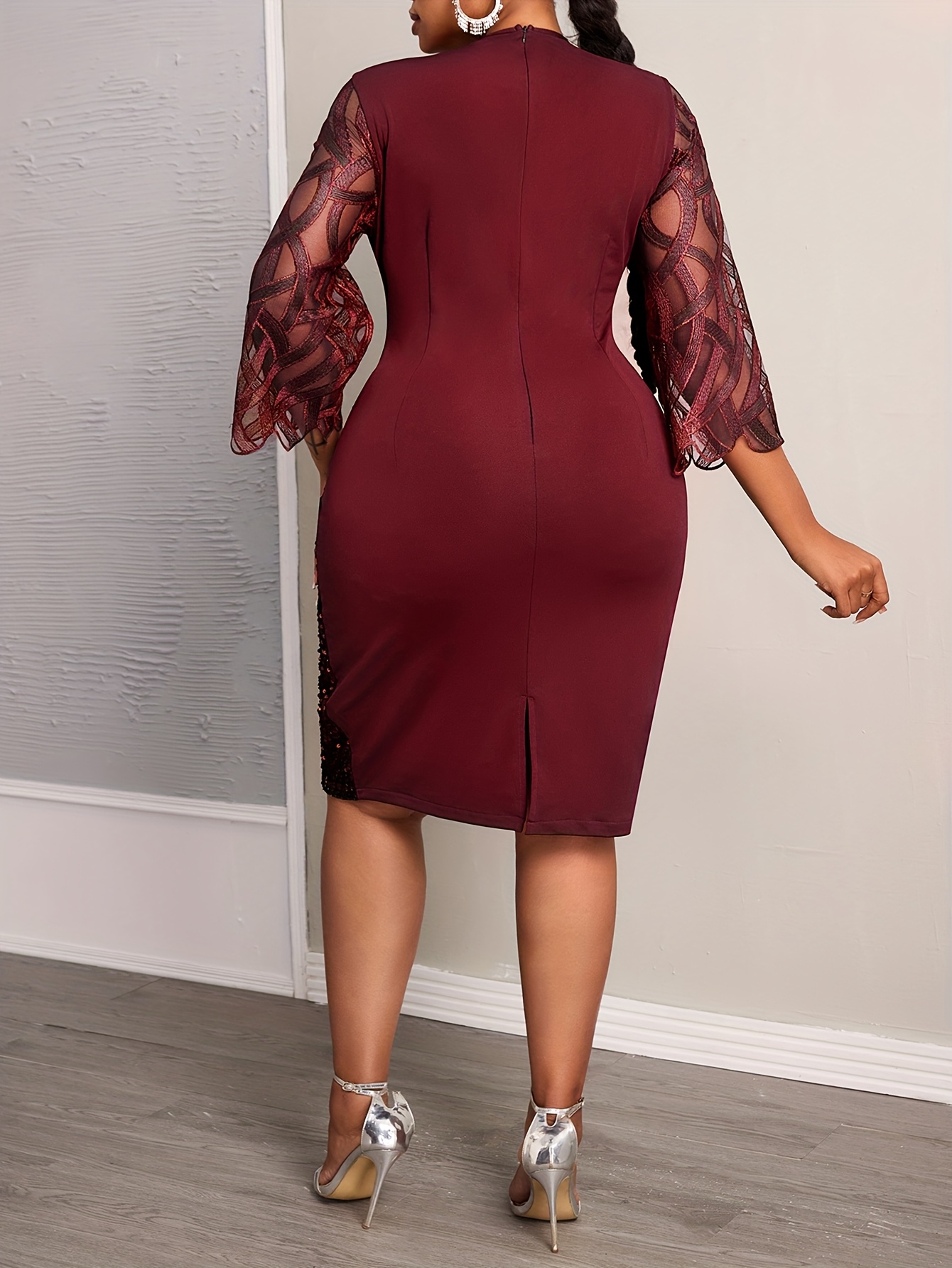 plus size womens elegant sequin sleeve hem burgundy dress - Temu