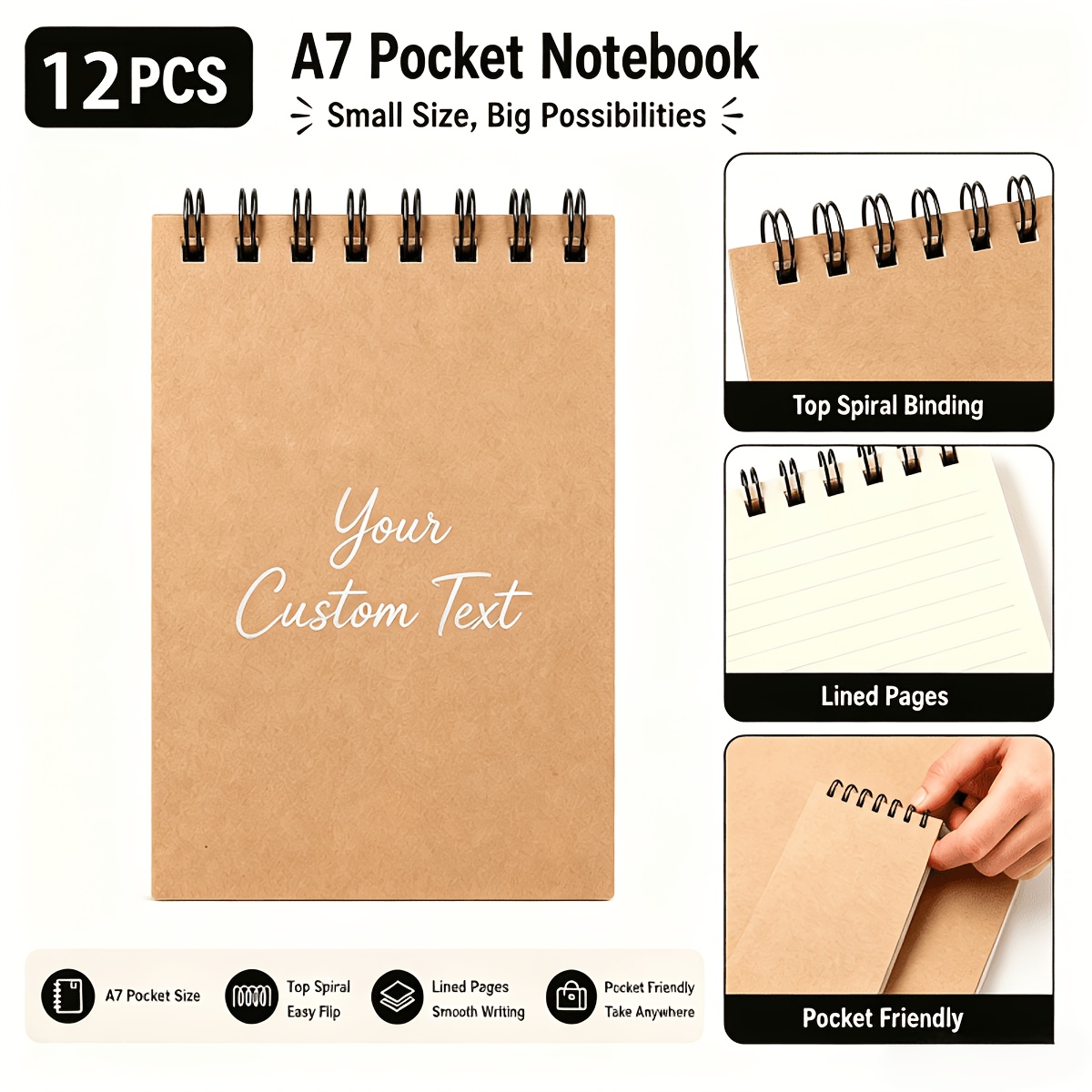 TEMU Lot de 12 mini -notes personnalisés avec logo, bloc-notes A7 à spirale supérieure, carnet de poche durable à , personnalisation DIY au laser,