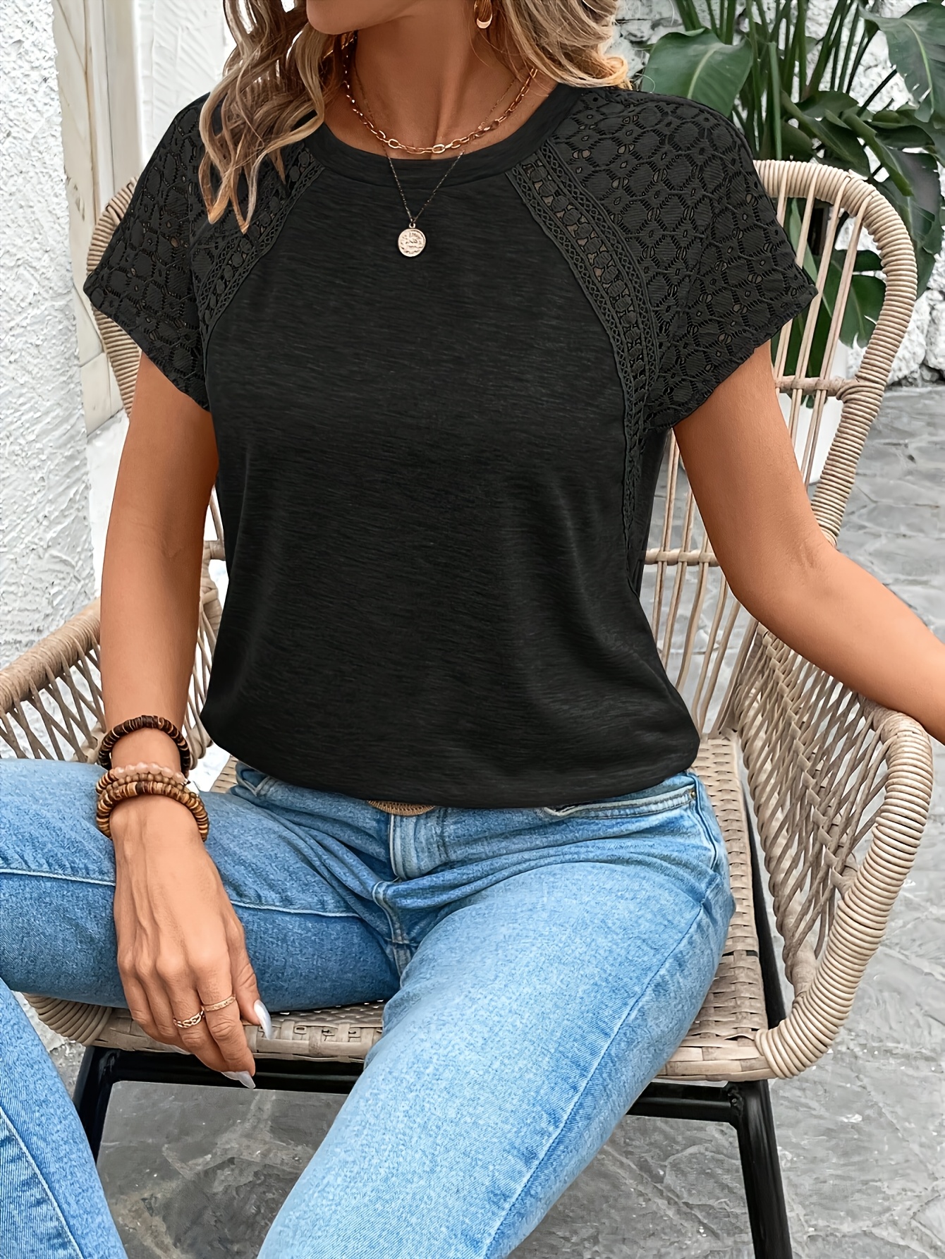 womens elegant solid color lace sleeve t shirt summer   blouse with breathable fabric machine washable versatile for casual formal outfits cropped tee style soft   ladies t shirts Product details 22