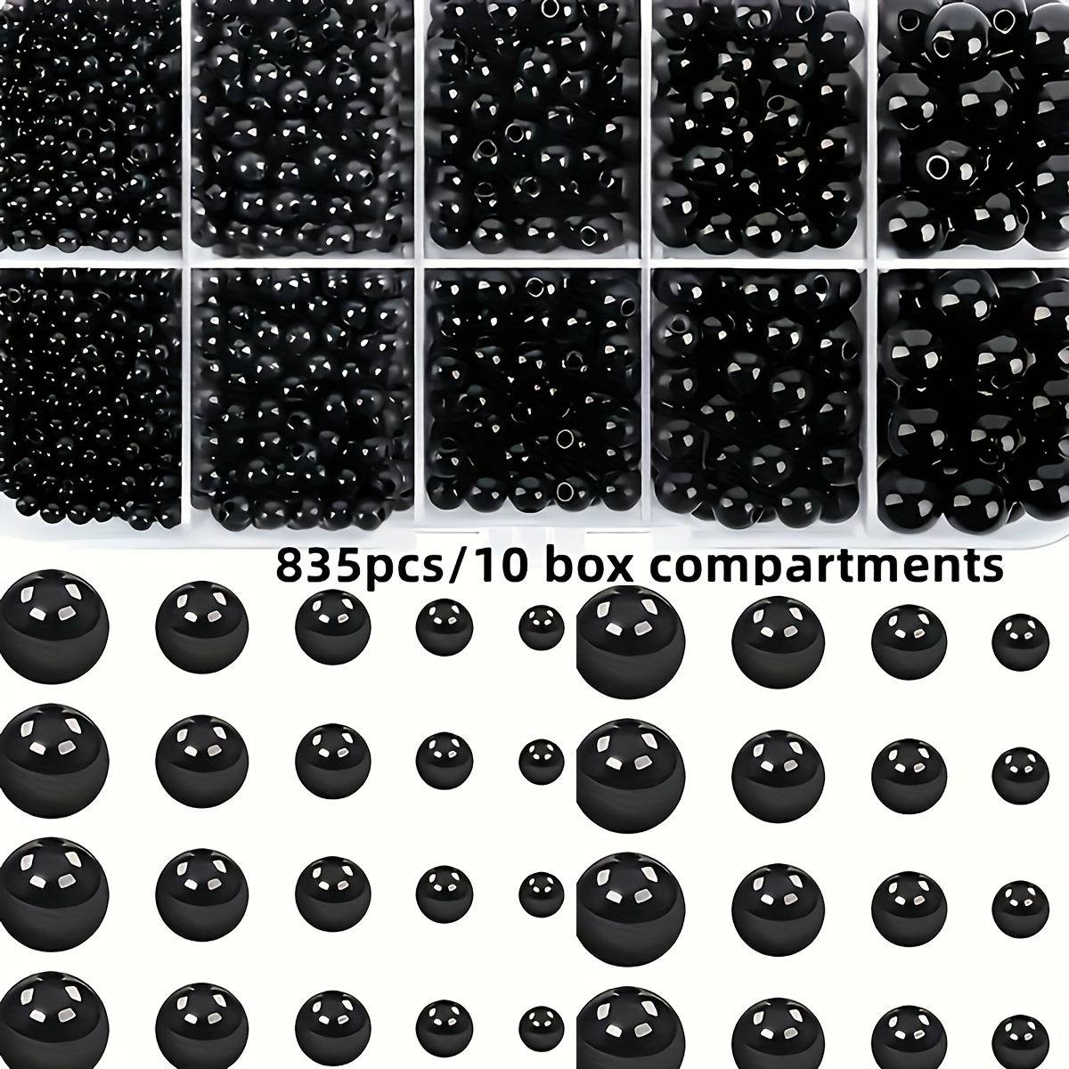 E-shop 835-teiliges QYWCTZ Boho Schwarze Acrylperlen-Set – 4/5/6/7/8 mm Runde Bastelperlen mit Zentralloch für DIY-Schmuckherstellung, 835-teiliges Set