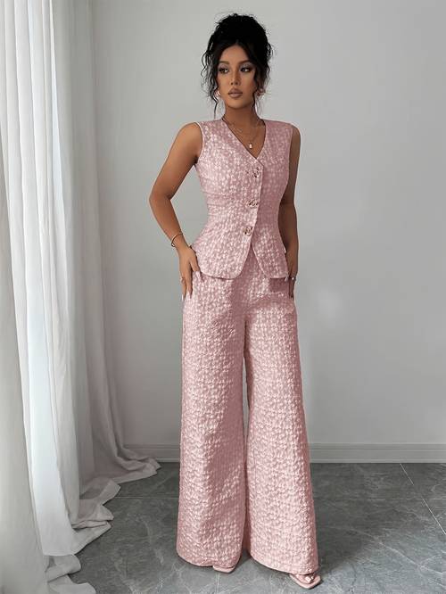 y-024 damen 2-teiliges frühjahr/sommer-mode-set mit elegantem jacquard-stoff metallschließen