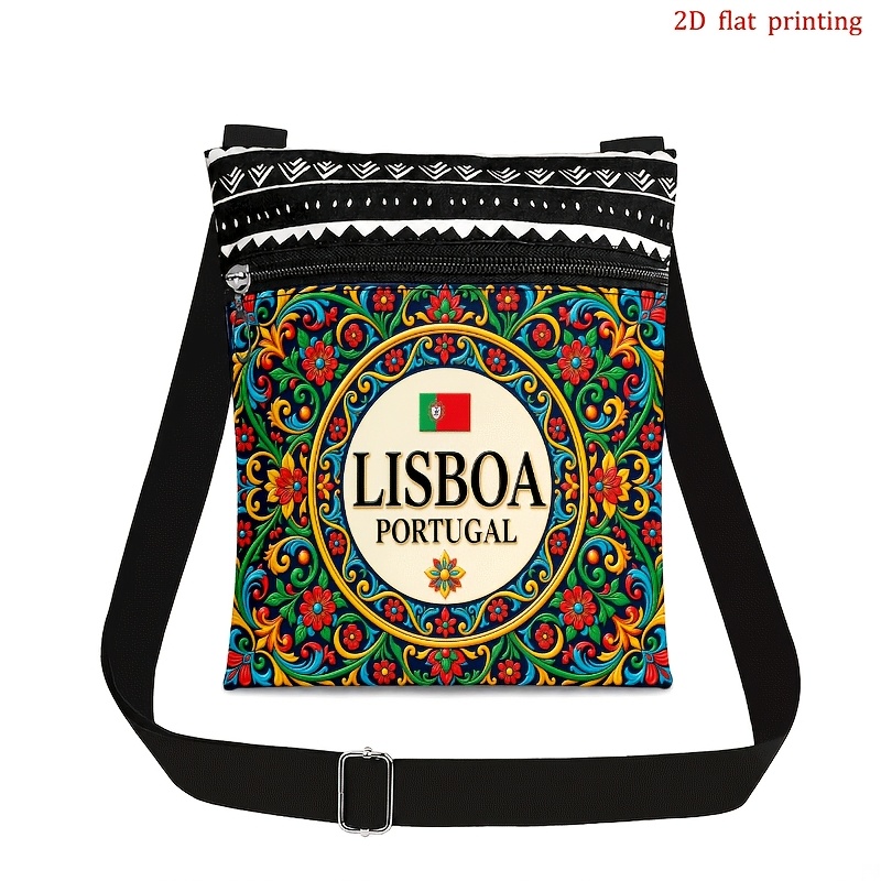 TEMU Men' & Women' Adjustable Crossbody Bag With Lisbon Portugal Ethnic Floral Print, Zipper Closure Handbag Suitable For Travel,,, Machine Washable