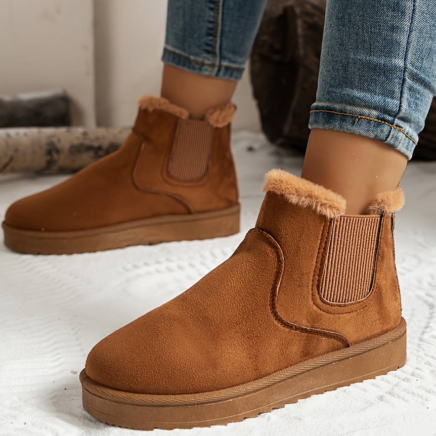 

1 Pair Women's Ankle Booties, Fleece-lined Warm Snow Boots, Soft Fabric Upper, Comfortable Sole, -on, Solid Color, With Rubber Outsole, Fabric Insole, Regular Toe Box