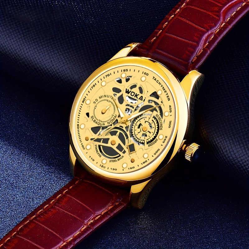 mens fashion quartz watch business style with faux leather strap stopwatch feature non waterproof details 1