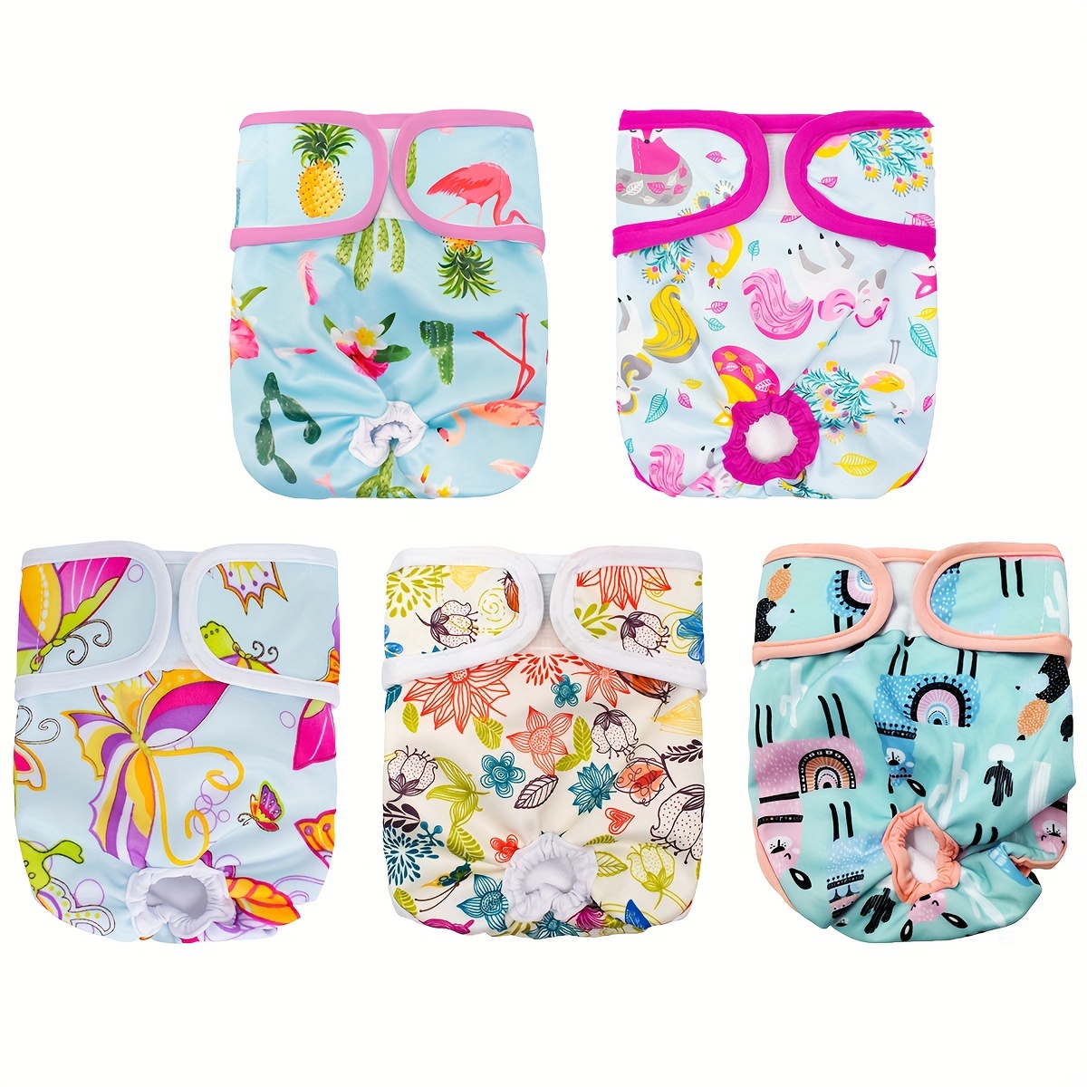 

5pcs Vibrant & Absorbent Female Dog Diapers | Soft, Breathable & Washable | Reusable /m/l Sizes For Girl Dogs In Heat - Tropical, Floral & Patterns, Doggie Diapers