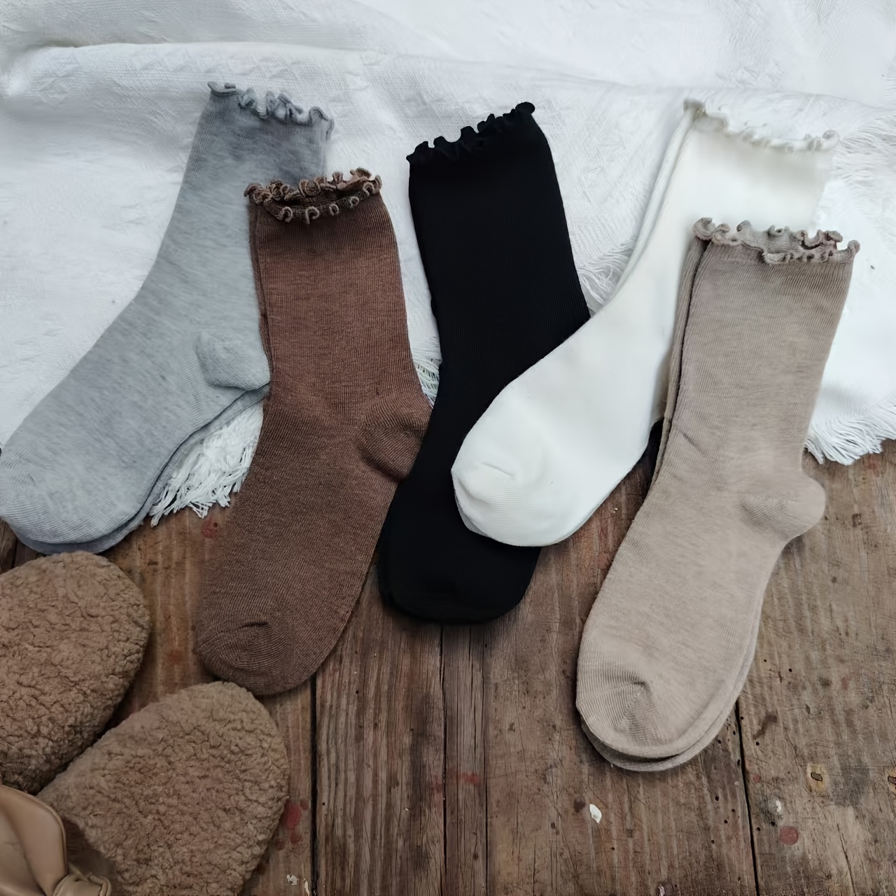 Image of 1/2/3/5 Pairs Of Autumn And Winter Ankle-length Socks With Rolled Edges, Solid Color, Sweet, Vintage Style, Long Socks, Socks