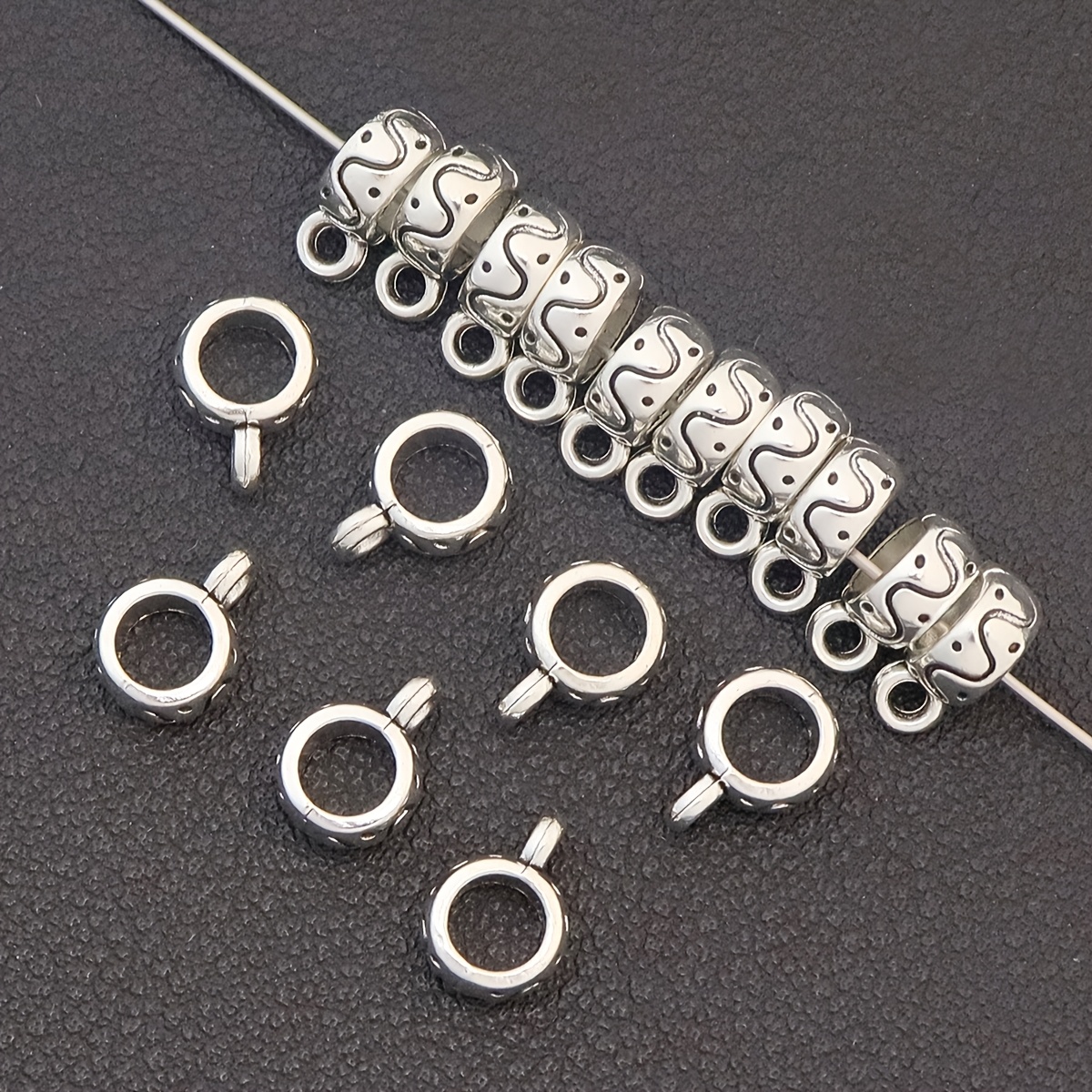 TEMU 50pcs Perles Rétro Argentées Grand Trou avec Boucles de Suspension, Alliage de Texture Fine Sculptée Pendentif Trois Voies Fermoirs d'Additions,
