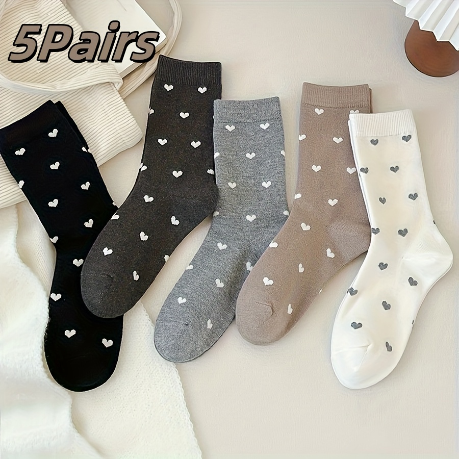 E-shop 5 Paar Damen Warme Winter Farbige Herz Muster Jacquard Bequeme Weiche Literarische Freizeit Süße Mode Mid-Calf Socken Geeignet für Täglichen