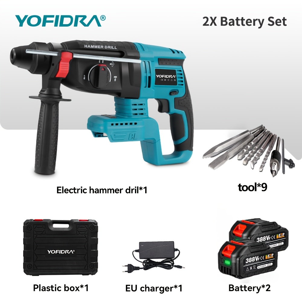 Image of Brushless Hammer Drill Set, 26mm With Drill Bit, 4-speed Cordless Impact Rotary Drill For Drilling Concrete,, Brick, And Wood, Compatible With Yofidra Batteries